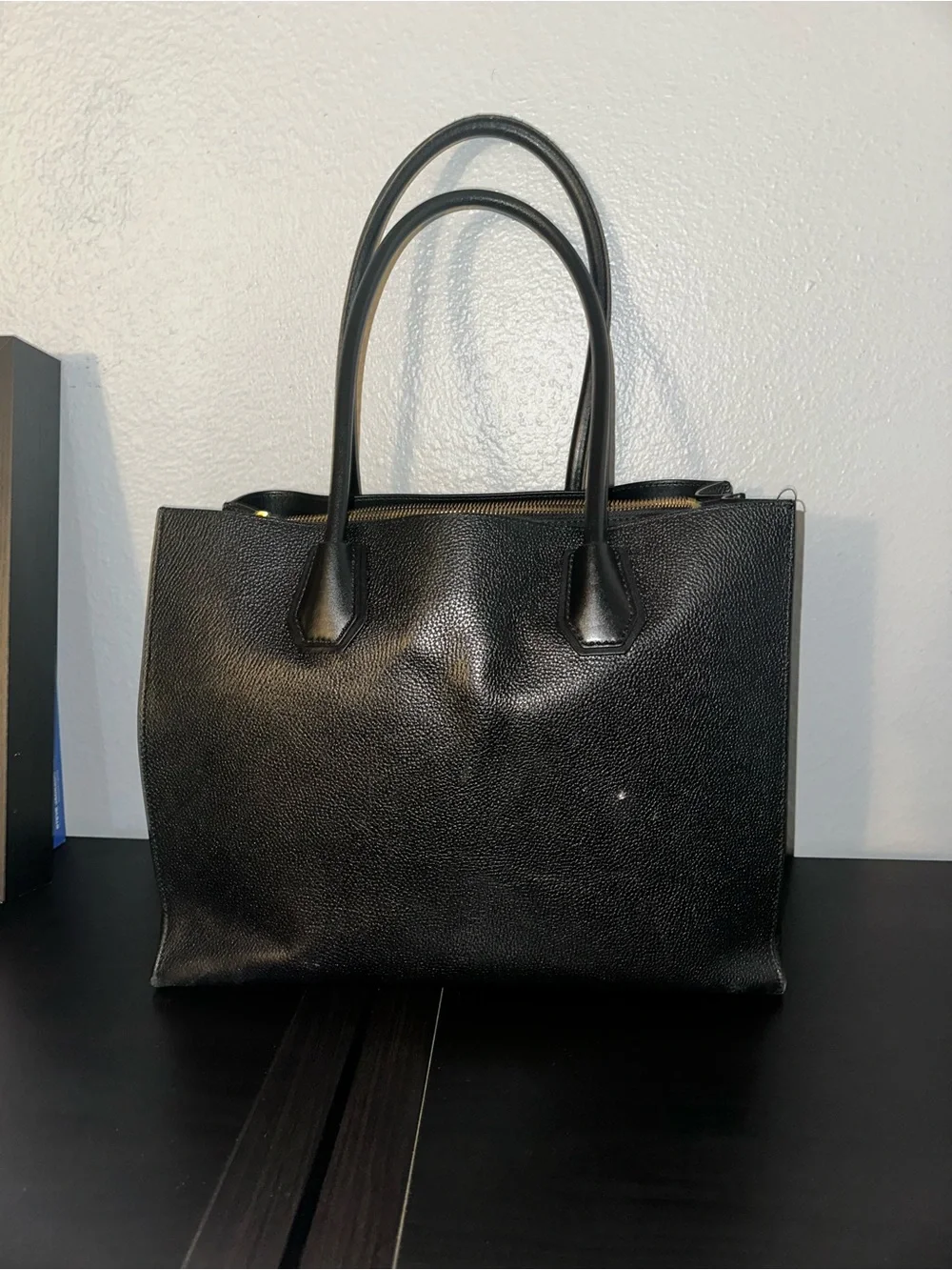 Michael Kors Black Pebbled Leather Tote with Front Pocket and Padlock